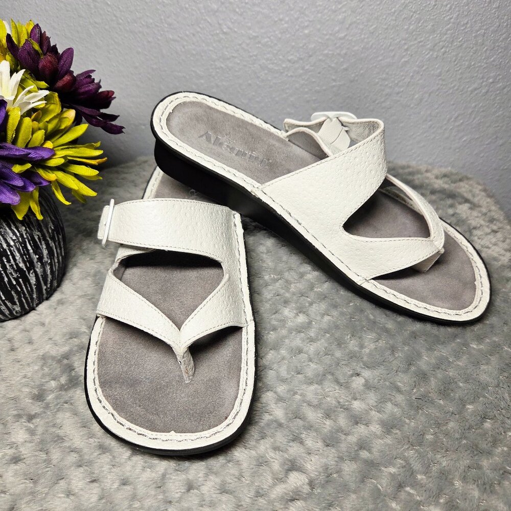 Alegria White Leather Thong Slide Sandals